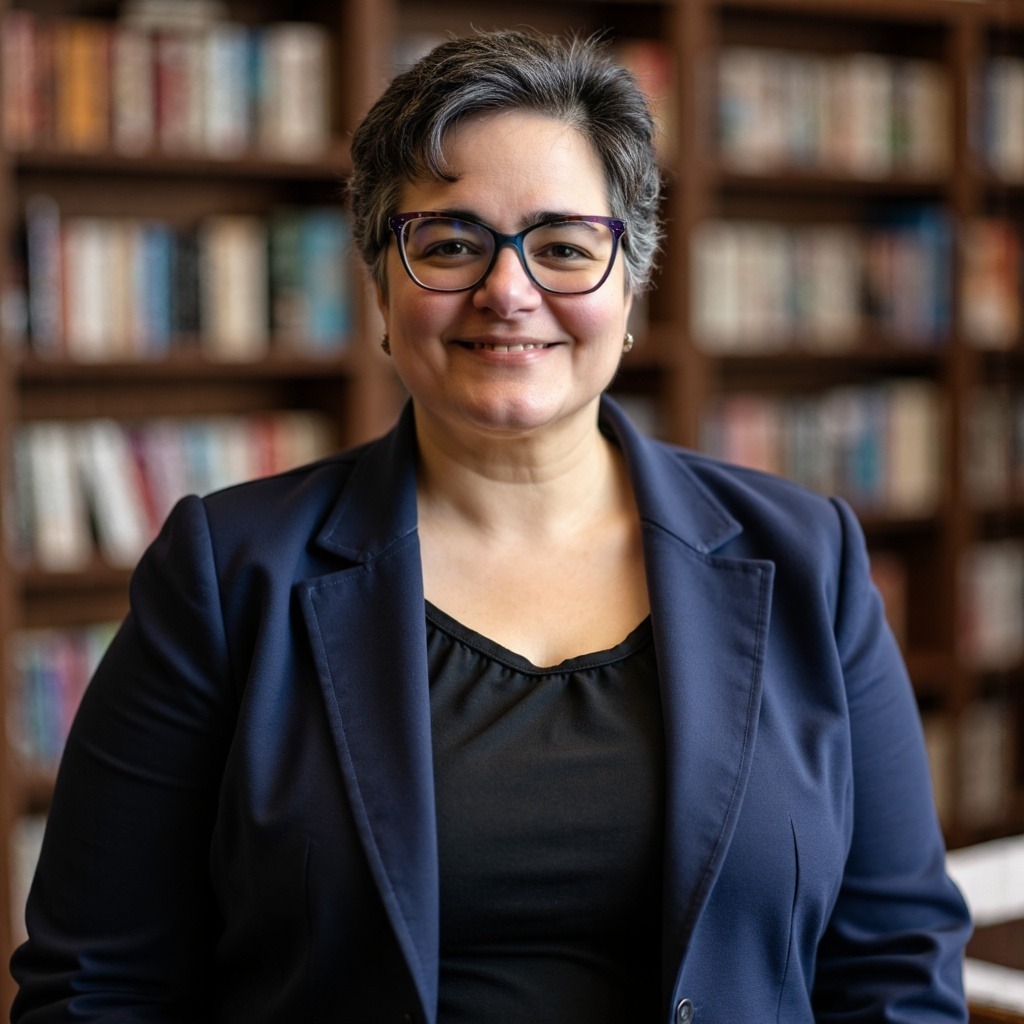 Gloria Custodio with book shelves in the background